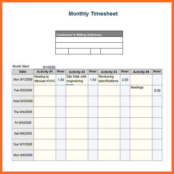 monthly timesheet template excel