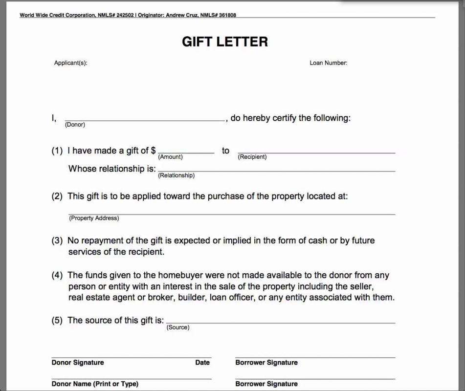 mortgage gift letter template