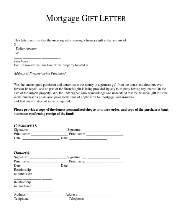 mortgage gift letter template