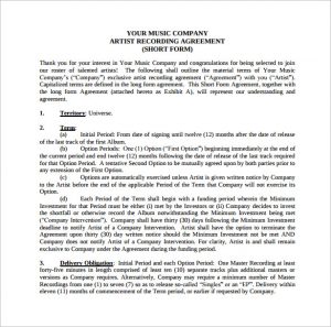 music contract template music recording contract template