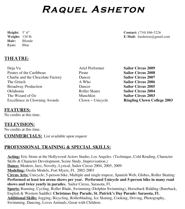 musical theatre resume template