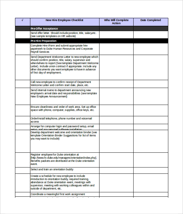 New Hire Checklist Template Template Business