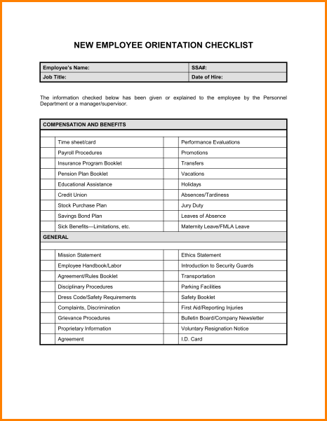 New Hire Checklist Template Template Business