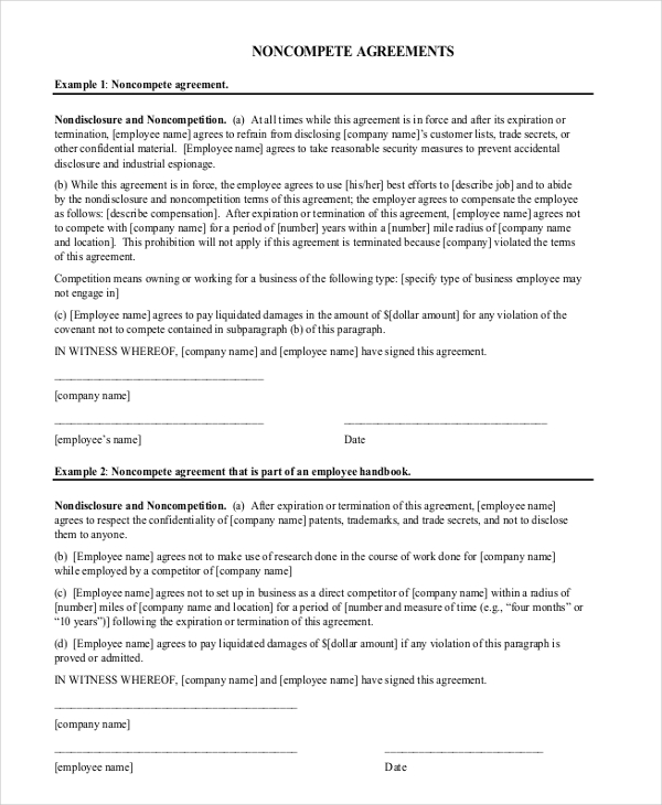 Non Compete Form Template Business