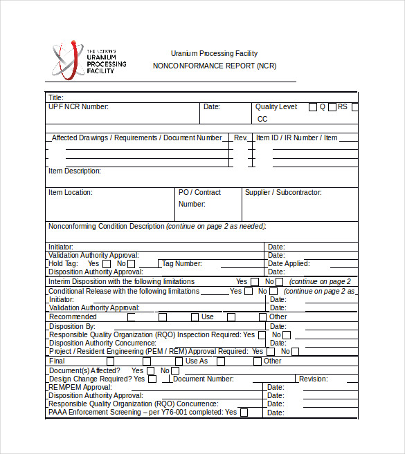 Non Conformance Report Form Template