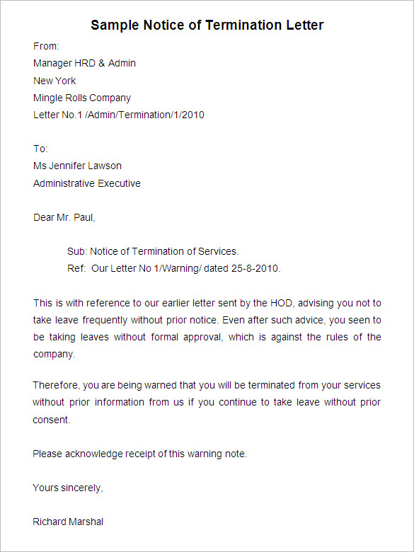 hour permission one format letter Termination  Template Business Notice Of