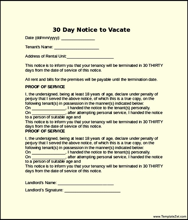 Notice To Vacate Letter From Landlord To Tenant Template Business 