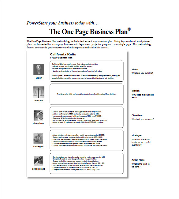 business plan one page example