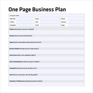 one page business plan pdf one page business plan to download