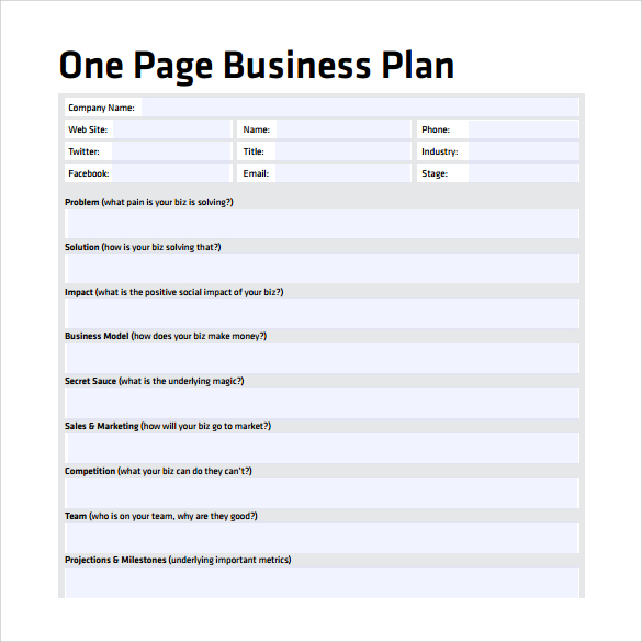 one page business plan pdf