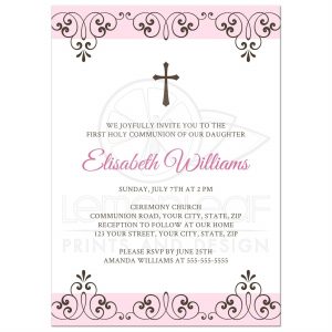 open house invitation template rectangle front pale pink and brown ornate first holy communion invitation for girls with damask lace pattern and cross