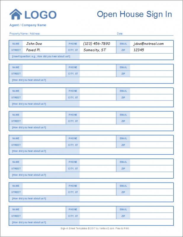 open house sign in sheet template