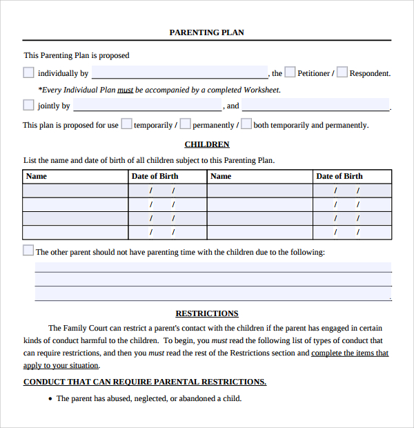 Parenting Plan Examples Template Business