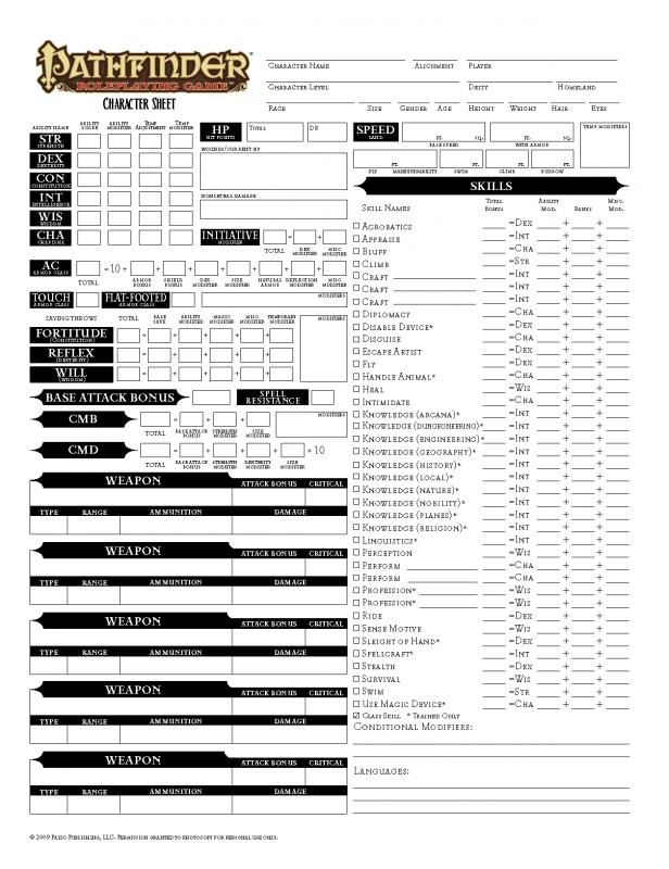 Printable Pathfinder Character Sheet
