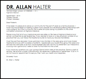 patient dismissal letter physician retirement letter