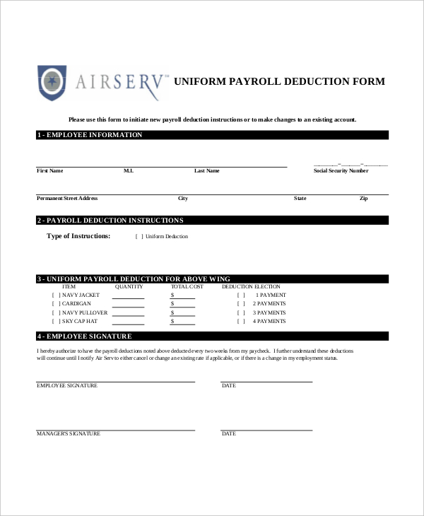Payroll Deduction Form Template Business