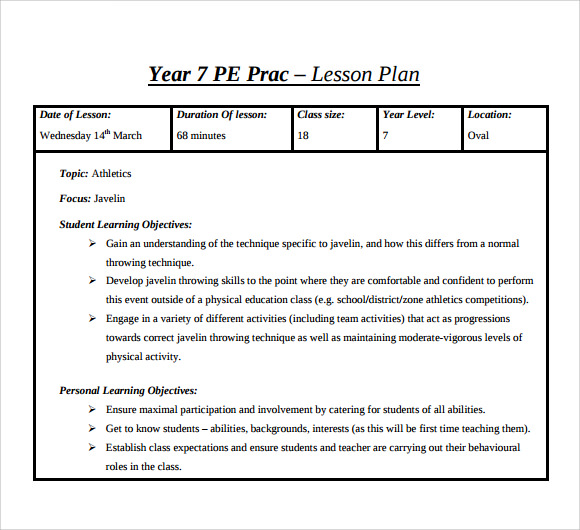 pe lesson plan template