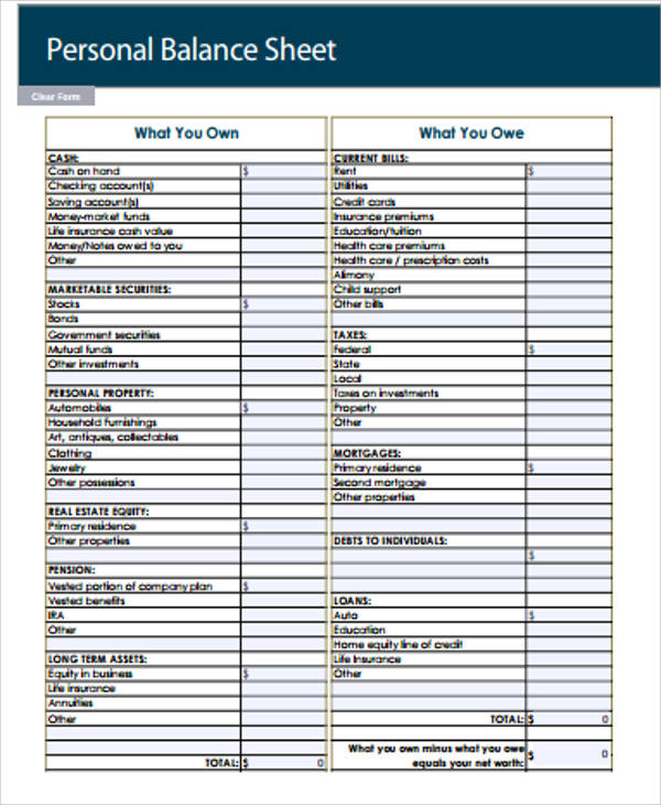 Personal Balance Sheet Template Business   Personal Balance Sheet Personal Balance Sheet Sample Pdf 