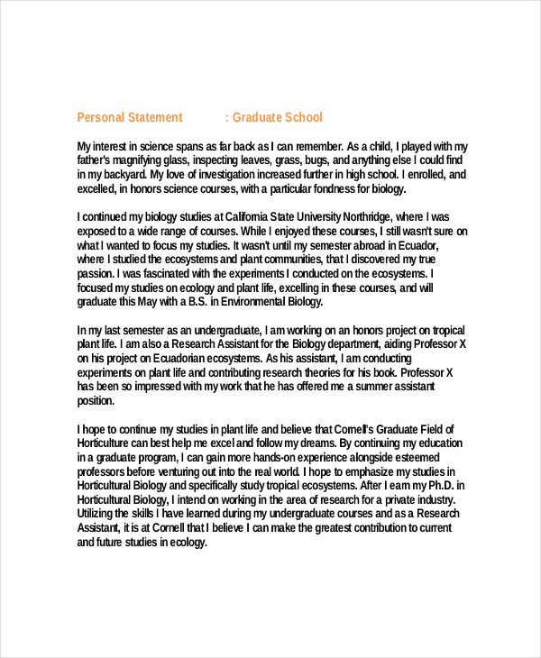 personal statement letter for graduate school examples