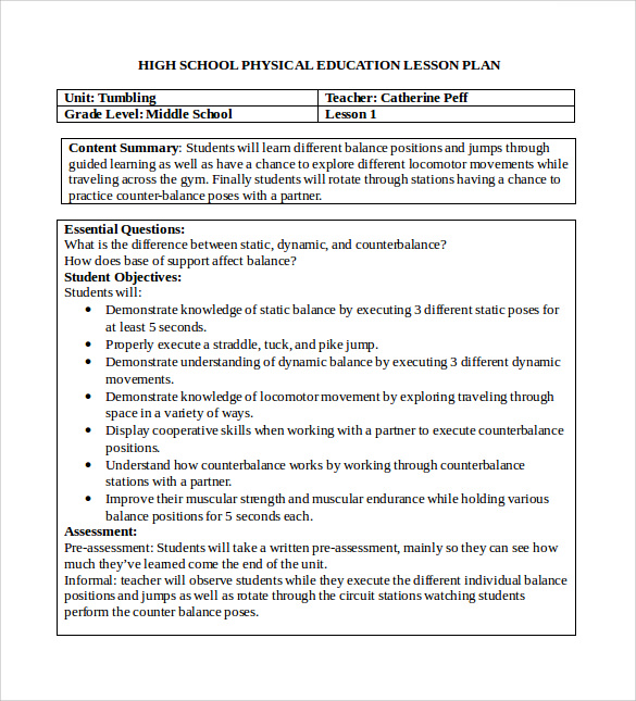 physical education secondary lesson plans