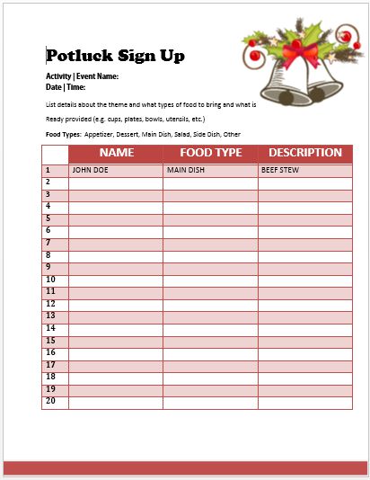 pot luck sign up sheet