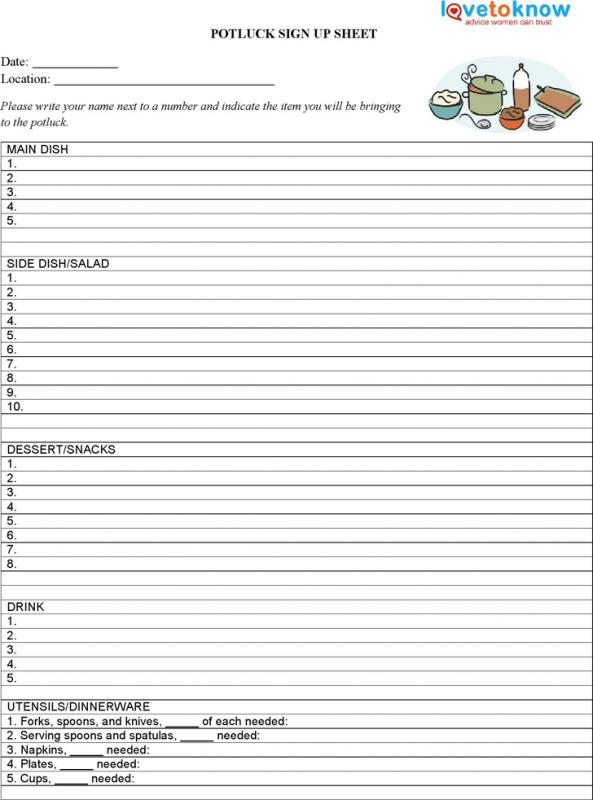 pot luck sign up sheet