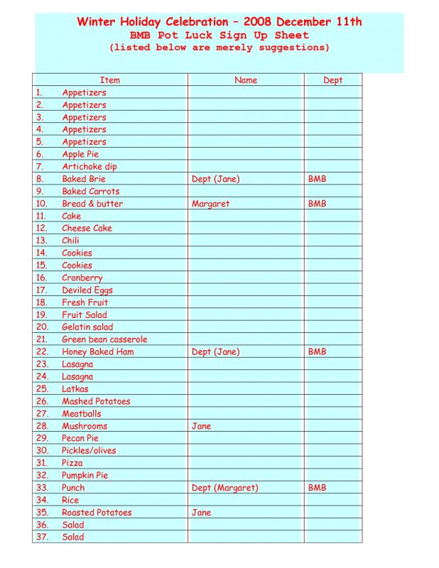 potluck sign up sheet template