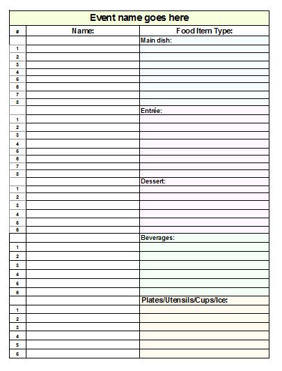 potluck sign up sheet template