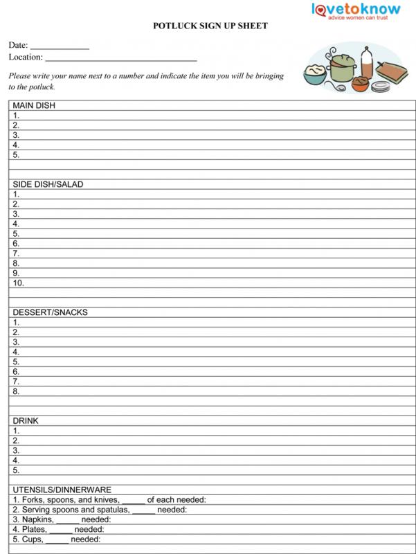 potluck sign up sheet template