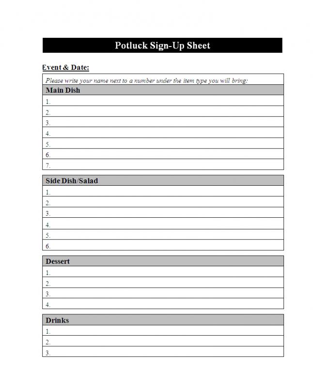 potluck sign up sheet template