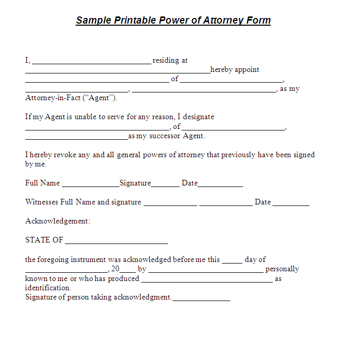 power of attorney form free printable