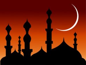 prayer cards template silhouette mosque with half shape moon