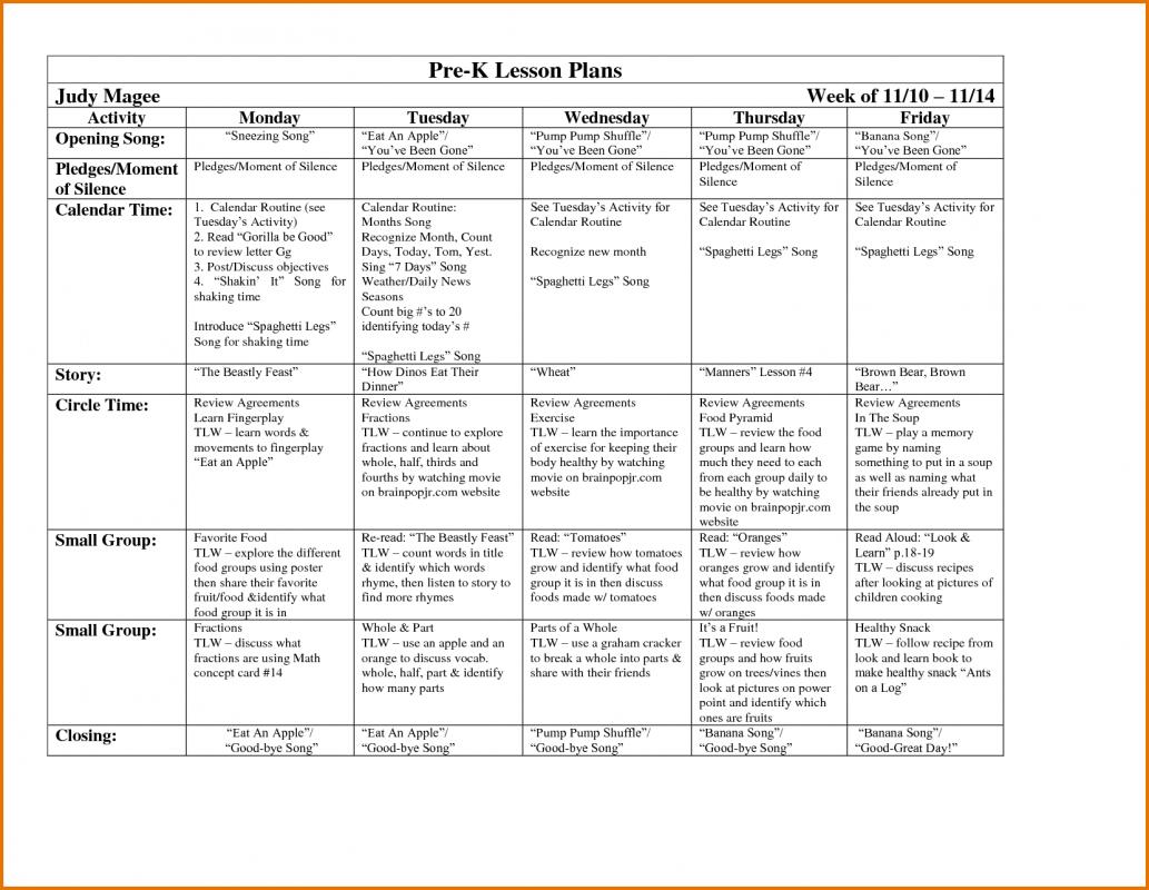 pre k lesson plan templates