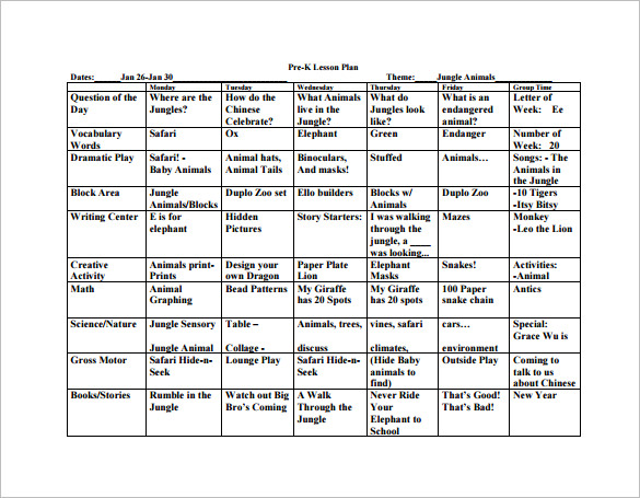 pre k lesson plan templates