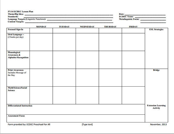 preschool lesson plan template