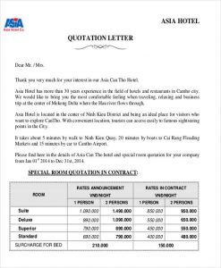 price quotation templates hotel room quotation letter