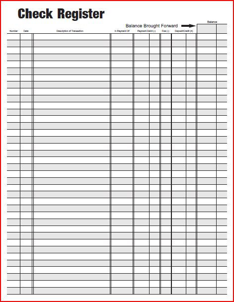 printable blank checkbook register