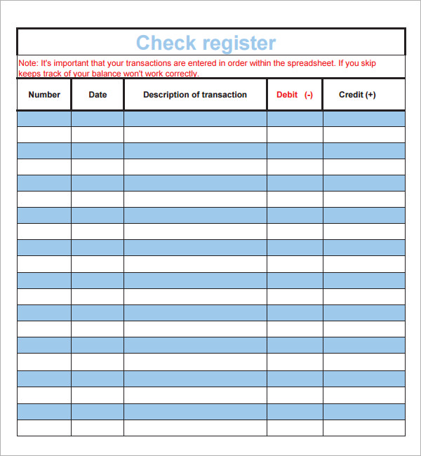 Printable Check Registers Template Business