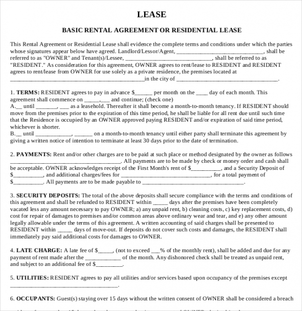 printable lease agreement template business