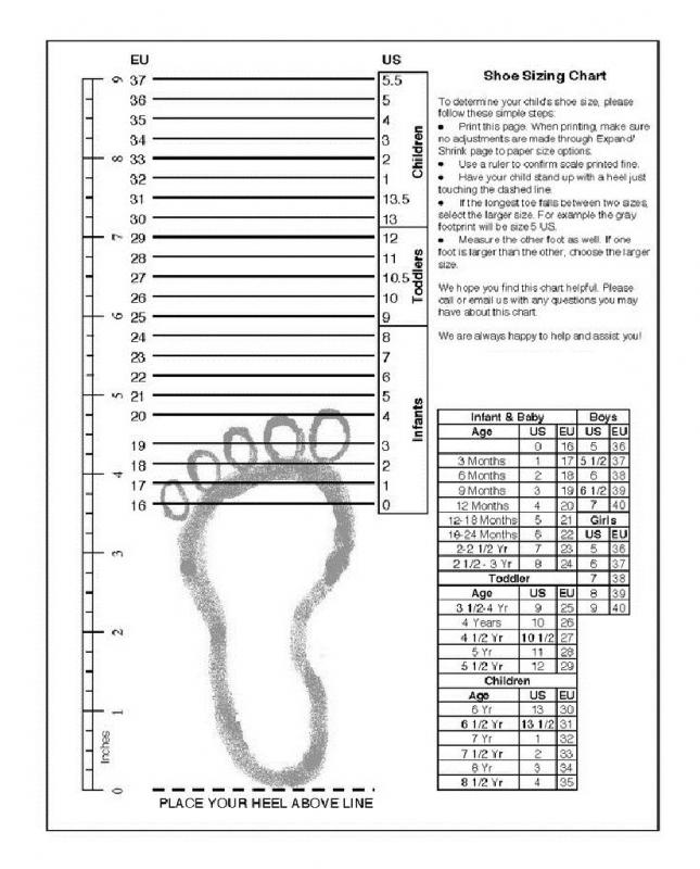 printable shoe size chart