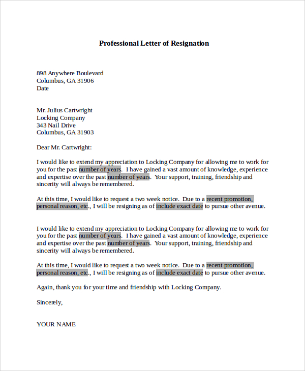 professional letter of resignation