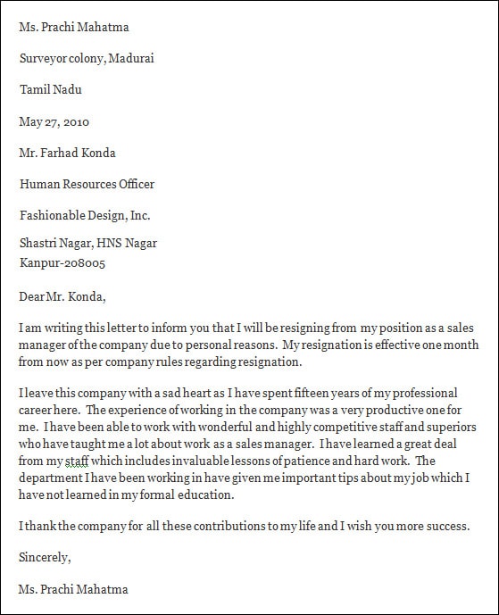 professional resignation letter sample