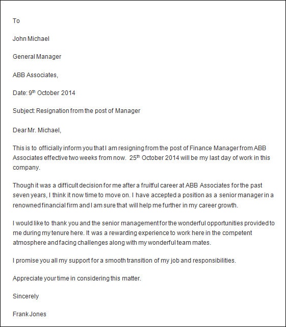 professional resignation letter sample