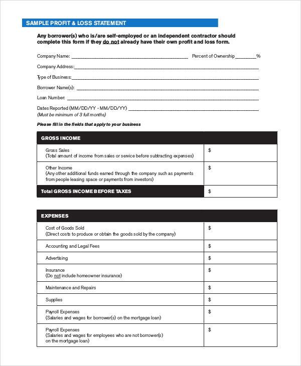 profit and loss form