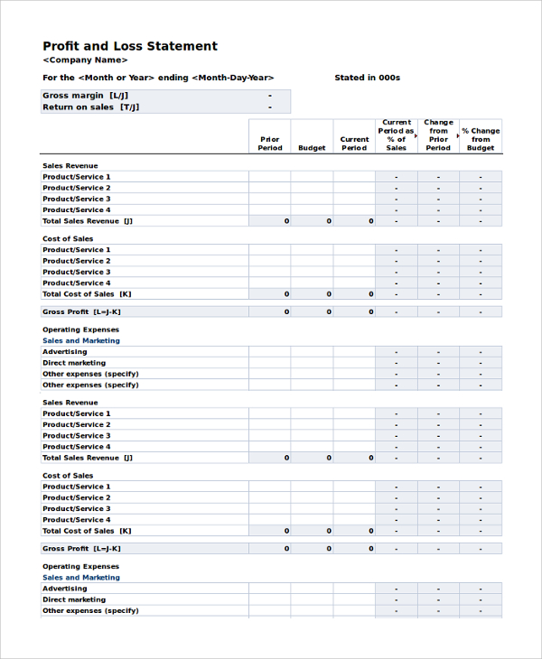 profit and loss form