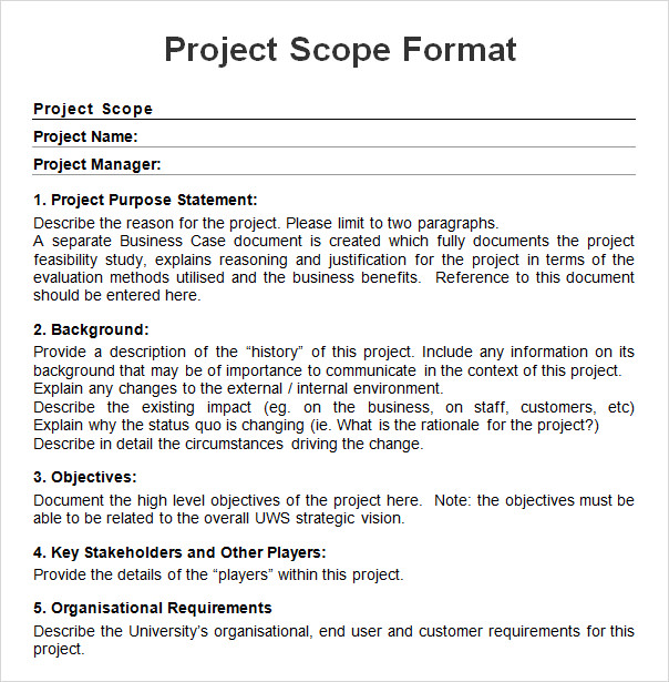 Project Scope Example Template Business