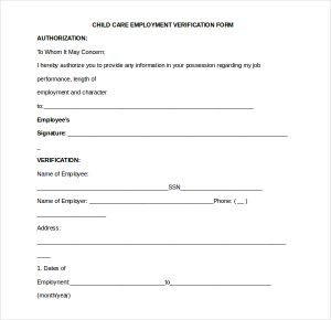 proof of employment form child care employment verification form