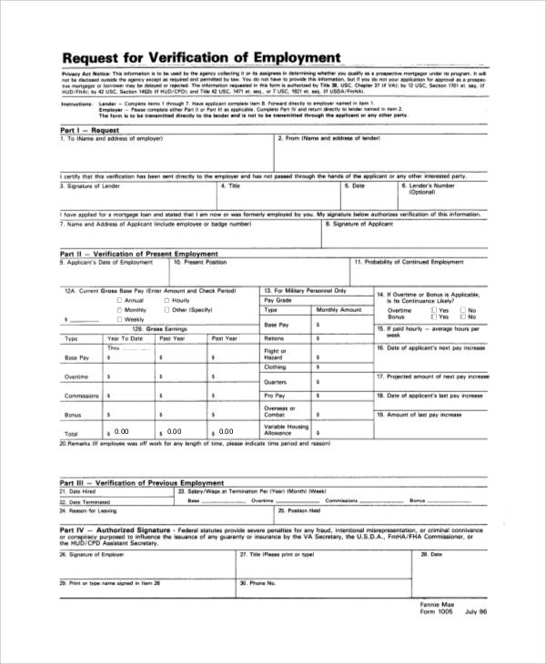 Proof Of Employment Form Template Business