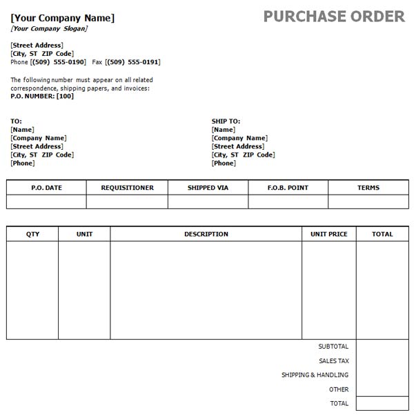 purchase order template word