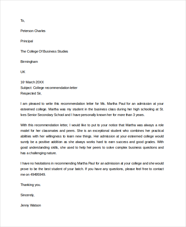 Recommendation Letter For College Template Business